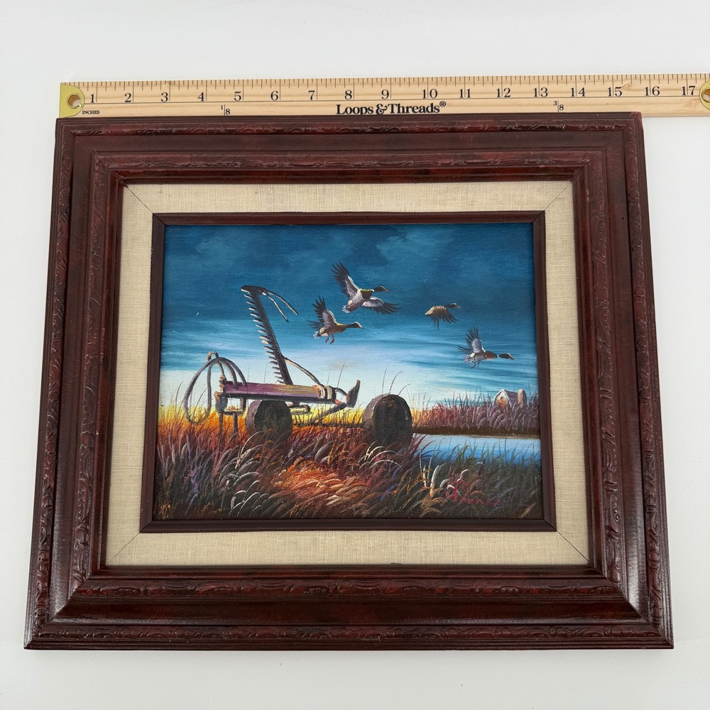Signed Vintage Framed Duck Marsh Painting Wildlife Cabin Lodge Decor 15.5x13.5 - Picture 5 of 11